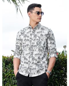 Grey Regular Fit Long Sleeves Floral Printed Pure Cotton Casual Shirt