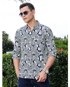Navy Blue Regular Fit Long Sleeves Geometric Print Pure Cotton Casual Shirt