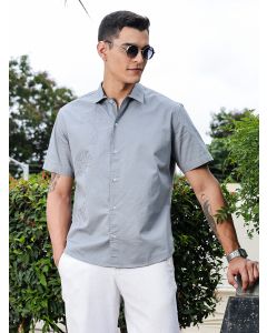 Light Grey Regular Fit Short Sleeves Spread Collar Embroidered Shirt