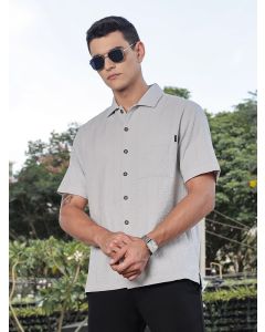 Grey Slim Fit Short Sleeves Cotton Seersucker Shirt