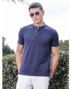 Navy Regular Fit Short Sleeves Mandarin Collar Knitted Tshirt