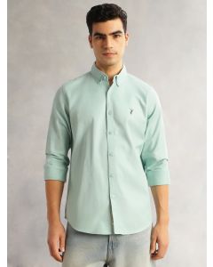 Sea Green Slim Fit Long Sleeves Button Down Collar Solid Twill Casual Shirt