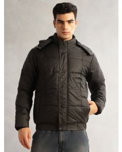 Black Regular Fit Long Sleeves 2 Pockets Polyester Knitted Hooded Puffer Jacket