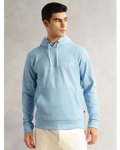 Blue Regular Fit Long Sleeves Solid Polyester Knitted Pullover Hooded Sweatshirt