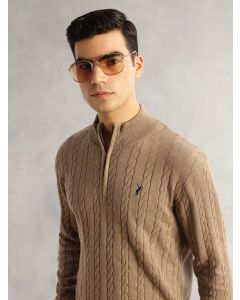 Beige Regular Fit Long Sleeves Mock Collar Cable Knitted Pullover Sweater