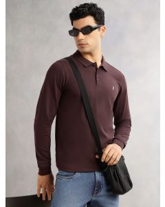 Brown Regular Fit Long Sleeves Solid Polo Collar Knitted T-shirt