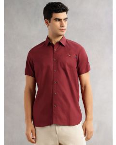 Maroon Regular Fit Short Roll-Up Sleeves Spread Collar 100% Cotton Casual Shirt