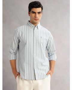 Blue Cricket Club Slim Fit Long Sleeves Button-Down Collar Vertical Stripes Cotton Linen Casual Shirt