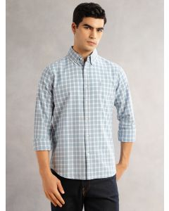 Blue Cricket Club Slim Fit Long Sleeves Button-Down Collar Gingham Checks Cotton Linen Casual Shirt