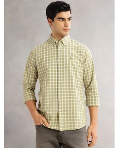 Olive Cricket Club Slim Fit Long Sleeves Button-Down Collar Gingham Checks Cotton Linen Casual Shirt