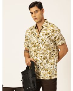 Mustard Regular Fit Short Sleeves Spread Collar Floral Printed Casual Shirt