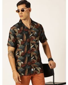 Black Regular Fit Short Sleeves Cuban Collar Abstract Printed Casual Shirt