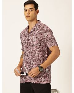 Maroon Regular Fit Short Sleeves Cuban Collar Abstract Printed Casual Shirt