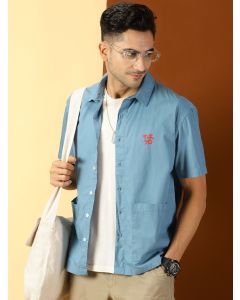 Blue Short Sleeves Boxy Fit Spread Collar Solid 100% Cotton Casual Shirt