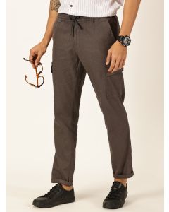 Grey Straight Fit Mid-Rise Cotton Linen Solid Woven Cargo Trouser