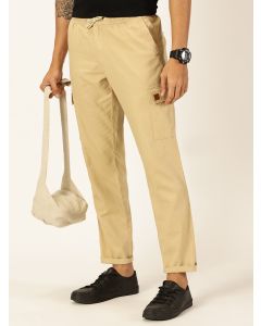 Beige Straight Fit Mid-Rise Cotton Linen Solid Woven Cargo Trouser