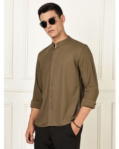 Olive Premium Slim Fit Long Sleeves Mandarin Collar 4 Way Stretch CoolMax Knitted Shirt