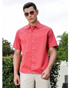 Red Regular Fit Short Sleeves Spread Collar Embroidered Shirt