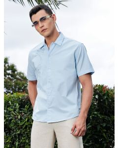SkyBlue Regular Fit Short Sleeves Spread Collar EmbroideSkyBlue Shirt