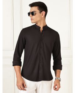 Black Premium Slim Fit Long Sleeves Mandarin Collar 4 Way Stretch CoolMax Knitted Shirt