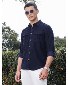 Navy Slim Fit Long Sleeves Spread Collar Cotton Corduroy Shirt