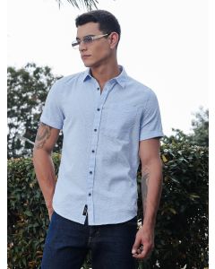 Sky Blue Slim Fit Short Sleeves Spread Collar Seer Sucker Casual Shirt