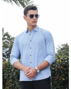 Mid Blue Slim Fit Long Sleeves Spread Collar Filafil Casual Shirt