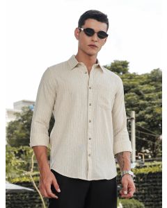 Beige Slim Fit Long Sleeves Vertical Stripes Linen Casual Shirt