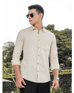 Khaki Slim Fit Long Sleeves Windowpane Checks Linen Casual Shirt