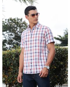 Red Slim Fit Short Sleeves Spread Collar Tartan Checks Casual Shirt