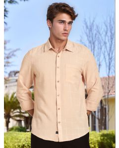 Beige Regular Fit Long Sleeves Spread Collar Windowpane Checks Casual Shirt