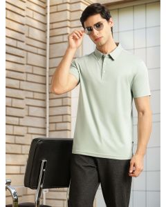Sage Green Regular Fit Short Sleeves Viscose Rayon Solid Knitted Polo Collar Performance Tshirt