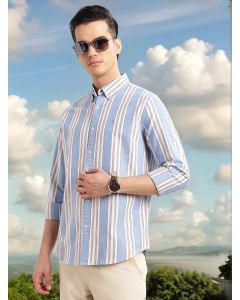 Blue Cricket Club Collection Slim Fit Long Sleeves Button-Down Collar Multi Stripes 100% Cotton Casual Shirt