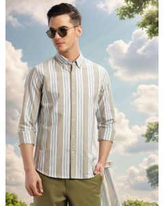 Green Cricket Club Collection Slim Fit Long Sleeves Button-Down Collar Multi Stripes 100% Cotton Casual Shirt