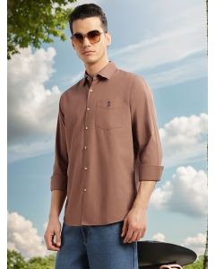 Brown Cricket Club Collection Slim Fit Long Sleeves Spread Collar Solid Cotton Casual Shirt