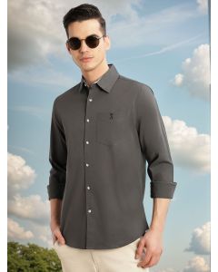 Grey Cricket Club Collection Slim Fit Long Sleeves Spread Collar Solid Cotton Casual Shirt