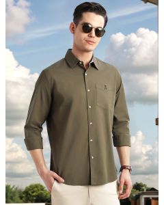 Olive Cricket Club Collection Slim Fit Long Sleeves Spread Collar Solid Cotton Casual Shirt