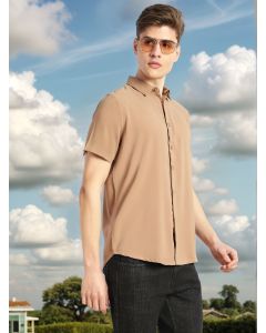 Brown Regular Fit Short Sleeves Spread Collar Solid Polyester Casual Shirt