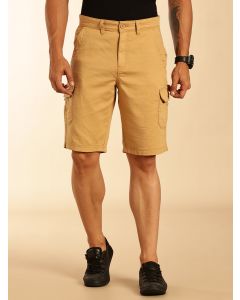 Khaki Straight Fit Mid Rise Solid Cargo Shorts