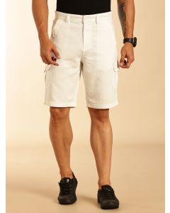 White Straight Fit Mid Rise Solid Cargo Shorts