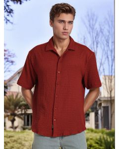 Rust Regular Fit Short Sleeves Cuban Collar Seersucker Shirt