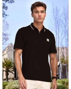 Black Regular Fit Short Sleeves Knitted Polo Collar T-shirt