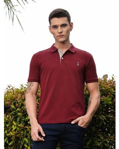 Burgundy Regular Fit Short Sleeves Solid Polo Collar Knitted Tshirt