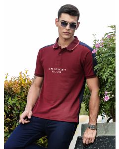 Burgundy Regular Fit Short Sleeves Typography Polo Collar Knitted Tshirt