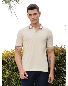 Cream Regular Fit Short Sleeves Solid Polo Collar Knitted Tshirt