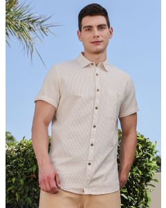 Beige Slim Fit Short Sleeve Pinstripes Casual Shirt