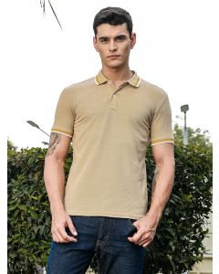 Beige Regular Fit Short Sleeves Waffle Knitted Polo Collar Tshirt