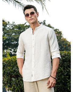 White Slim Fit Long Sleeves Mandarin Collar Woven Embroidered Shirt