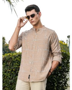 Beige Slim Fit Long Sleeves Mandarin Collar Woven Embroidered Shirt