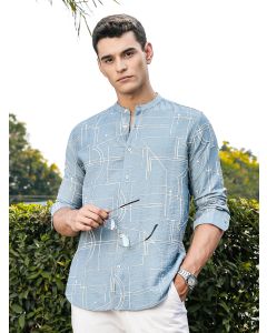 Blue Slim Fit Long Sleeves Mandarin Collar Woven Embroidered Shirt